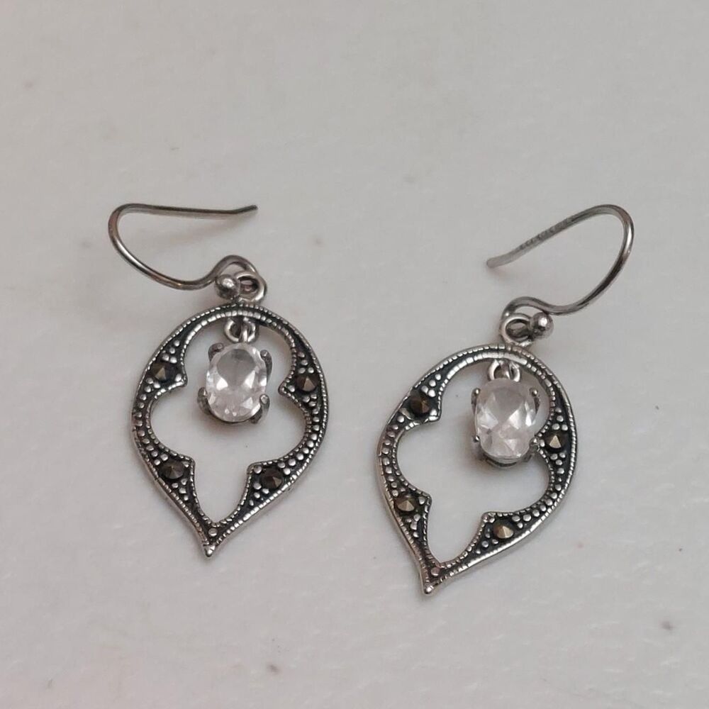 Moroccan Style Marcasite and CZ Sterling Silver Dangle Drop Earrings